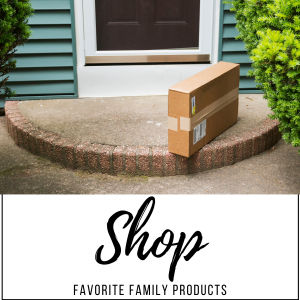 shop favorite family products shop favorite family products graphic with picture of a package on a doorstep of a house with teal siding